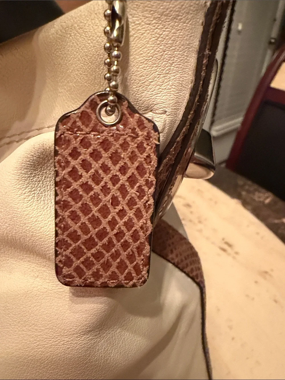 Coach 2011 Cream Hobo Bag with Brown Snake skin Patent Leather Trim & Hangtag